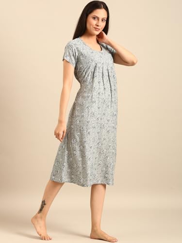 Image of Rupa Jon Aishwarya Women Short Printed Nighty in Premium Cotton Blend Fabric, Midi Length, Night Dress, Three-Fourth Length for Comfortable Everyday Wear