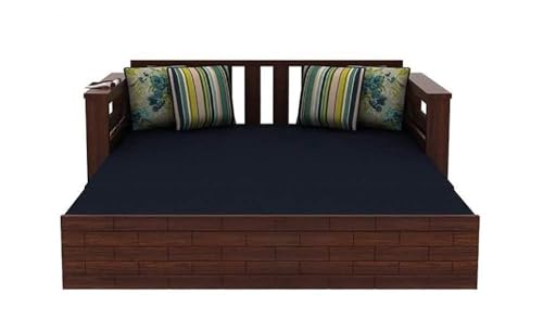 Image of Solid Sheesham Wood Sofa Cum Bed with Storage Side Pocket- 3 Seater Wooden Sofa Bed for Living Room | Convertible Diwan Bed with Cushions Mattress | Modern Space Saving Furniture (Blue)