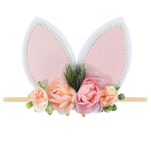 DNTYUISS Easter Bunny Headband for Baby Girl, Floral Nylon Elastic Hair Band with Flower Bow, Newborn Infant Toddler Easter Hair Accessories (White)