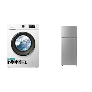 Hisense WFVB7012EM - Lavatrice a Carica Frontale 7 Kg, 1200 rpm, 15 Programmi, Vapore & MTM55205SE Frigorifero Doppia Porta a Libera Installazione Modello 2022, 206 L, Silver, 143.4 x‎ 54.2 x 55 cm