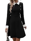 SweatyRocks Women's Elegant Long Sleeve Collared Dress Button Front A Line Short Dresses Black and White M