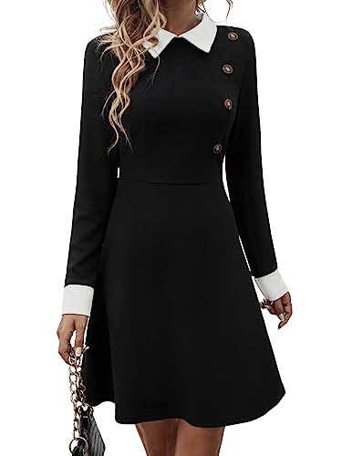 SweatyRocks Women's Elegant Long Sleeve Collared Dress Button Front A Line Short Dresses Black and White M