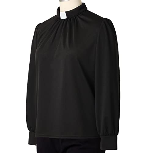 Church Priest Clergy Shirt For Women Autumn/Winter Lantern Long Sleeve Front Pleated Shirt With Tab Insert Stand Collar Black #TOP6