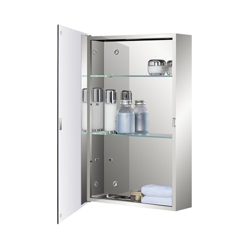 Fundin Edelstahl-Badezimmer-Spiegelschrank, Einzeltür mit verstellbaren Glasregalen, Aufputzmontage, 40 cm Breite x 60 cm Höhe, spiegelndes Finish