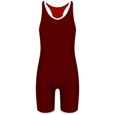 Manyakai Kids Boys Sports One-Piece Jumpsuit Racer Back Wrestling Singlet Unitards Fitness Workout Leotards Burgundy 7-8 Years Cover