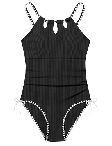 Image of Girls Swimsuit Set - Halter Neck One Piece Bathing Suit with Tropical Cover Up Skirt Swimwear for Kids 7-18Y