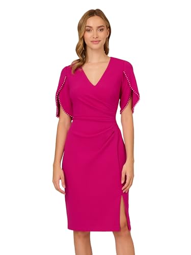 Image of Adrianna Papell Stretch Crepe Side Ruched Dress with Pearl Trim Sleeves