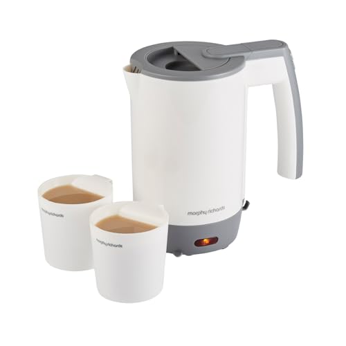 Morphy Richards Compact Travel Jug Kettle 0.5L Lightweight Auto Switch Off Boil Dry Protection Hinged Lid Fits Small Spaces and luggage includes 2 Cups White and Grey 107001