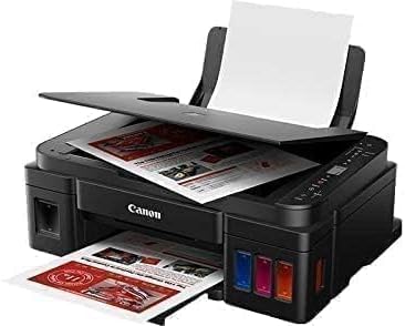 Canon PIXMA G3411 printer with the top paper feeder open and paper loaded.