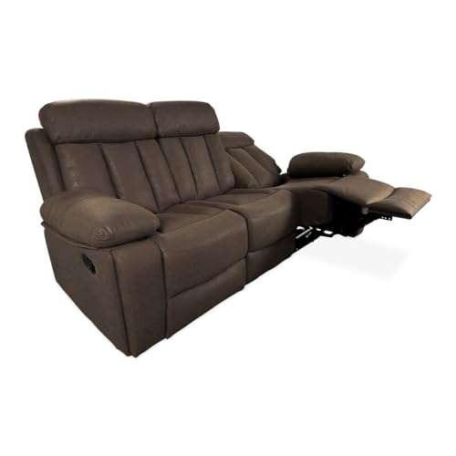 Homey - Sofá de 3 Plazas con Función Relax, Modelo Havana con Reclinación Manual de Respaldo y Resposapiés en 2 Asientos Laterales, 206 cm (Ancho) x 103,5 cm (Alto) x 93 cm (Fondo), Choco