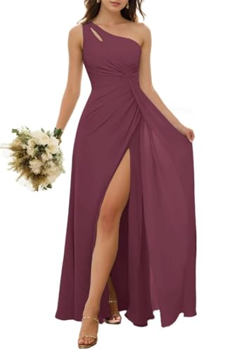 Vestido de dama de honor de princesa con un hombro descubierto, vestido de gasa formal, vestido de fiesta de noche, ZM154, Morera, 48 Grande