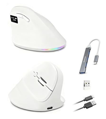 Wowssyo ergonómico Ratón Vertical con Pantalla, 3 Modos [Bluetooth 5.3, 2.4GHz, con Cable], inalámbrico Recargable, 800/1200/1600/2400/4800 dpi, PC/Mac - Blanco