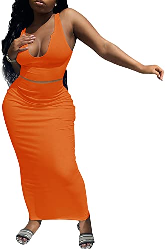Women Ottoman Rib Summer Scoop Neck 2 Piece Outfit Bodycon Crop Tank Tops Long Skirt Set Party Maxi Dress Sexy Clubwear Orange #TOP18