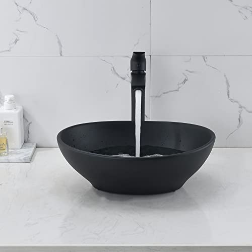 Black Oval Bathroom Sink With Faucet And Drain Combo-Bokaiya 16X13 Matte Black Vessel Sink Above Counter Oval Porcelain Ceramic Bathroom Vessel Sink Art Basin, Faucet Matching Pop Up Drain Combo #TOP5