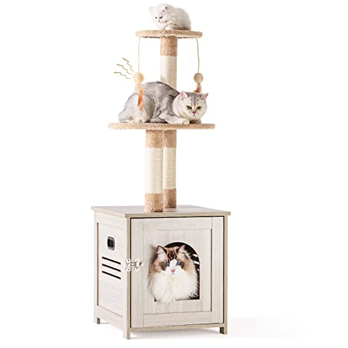 Katzentoilette Gehäuse mit Katzenbaum Turm, Katzentoilette Möbel Versteckte Katzentoilette mit Kratzbaum Holz Haustierschrank Cover