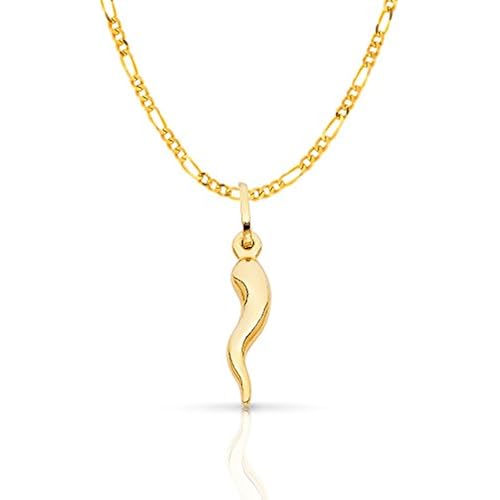 Ioka 14K Yellow Gold Cornicello Italian Horn Necklace Good Luck Charm Pendant with 1.9mm Figaro 3+1 Chain