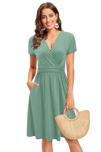 Image of Newshows Womens Summer Short Sleeve Casual Dresses V Neck Floral Vacation Sundress Faux Wrap Midi Dress with Pockets
