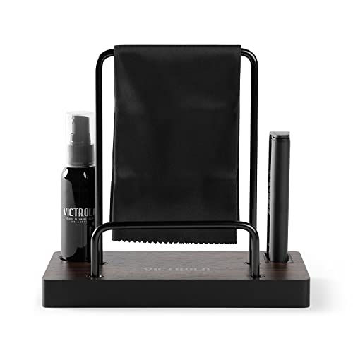 Image of Victrola 'The Kit' - A Vinyl Record Cleaning Kit, Doubles as a Record Stand, Includes Anti-Static Brush, Cleaning Solution, Cloth, Espresso Wood Finish Stand with Smart Black Metal Accents
