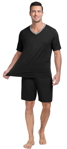PrinStory Men's Pajama Set Sleepwear Pjs Lightweight Quick Dry Short Sleeve V-Neck Shirts and Shorts Soft Comfy Sleep Sets4