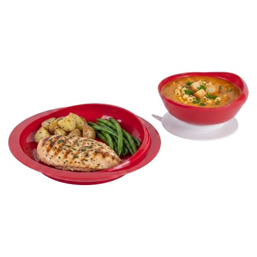 Restaurantware Suction Plate and Bowl Set 1 count 2-Piece Red Plate and Bowl Suction Dinnerware with High to Low Rim Hot & Cold Friendly for Elderly with Dementia, Parkinsons and Disabled