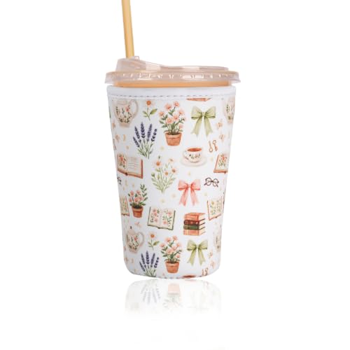 Image of Reusable Insulated Sleeve for Iced Coffee Cup, Coffee Neoprene Sleeve for Cold & Hot Drinks, Beverage Holder for Iced Coffee (Coffee Notes, Medium: 22-24oz)