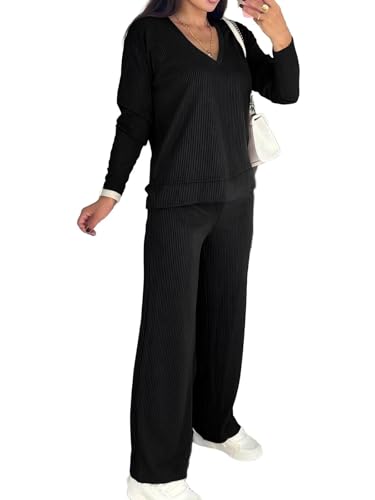 Skoinvb Womens 2 Piece Lounge Sets Long Sleeve Ribbed Knit Casual Top Wide Leg Pants Matching Set Spring Fall Outfits Black L
