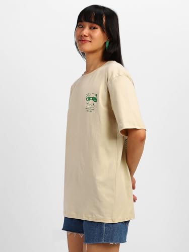 Image of JUNEBERRY Pure Cotton Oversized Baggy Fit Round Neck Drop Shoulder Swan White Back Graphic Printed T-Shirt for Women /Girls