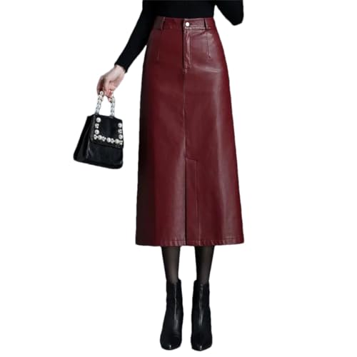Women's High Waist Pu Leather Mid-Length Skirt Solid Front Slits Straight One Step Skirts