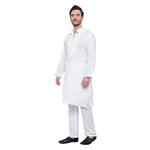 Image of Kurta Pajama with Mirror Work, Knee Length Mandarin Collar for Festive Party Ethnic Wear (IN, Alpha, S, White)