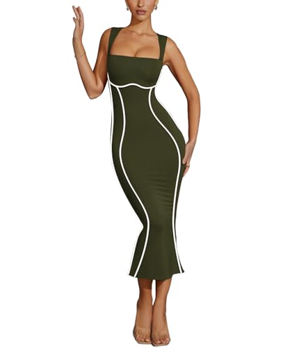 Image of MAYFASEY Women's Summer Sleeveless Square Neck Contrast Binding Cocktail Party Bodycon Midi Dress Back Slit Maxi Dress
