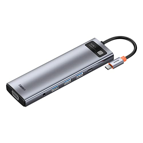 Image of Baseus Metal Gleam 11-in-1 USB-C Hub Docking Station | Dual HDMI 4K, VGA, RJ45, 100W PD, 3xUSB 3.0, SD /TF, AUX Audio | Triple Display Type-C Adapter for MacBook, Windows, and Laptops (Grey)