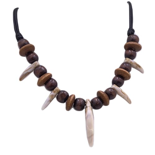 MOKAVIKY 25 Adjustable Tribal Wolf Tooth Necklace for Women Men Resin Wolf Tooth with Woody Beaded Necklace