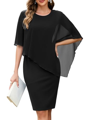 Image of MISSJOY Womens Elegant Chiffon Cape Overlay Crew Neck Dress Black X-Large