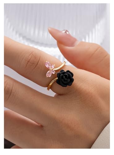 Kokoma Black Rose Flower Butterfly Wrap Finger Ring for Women Pink Crystal CZ Butterfly Open Statement Ring Eternity Promise Engagement Ring Dainty Jewelry Xmas3