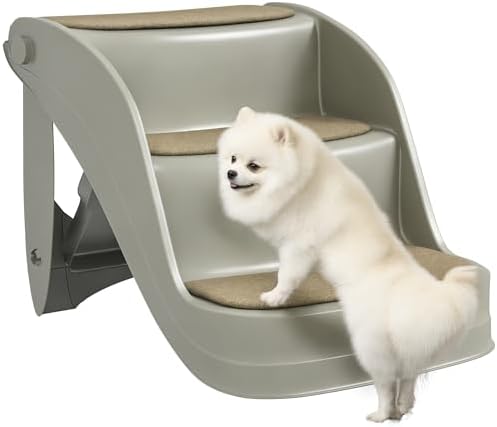 PawHut Escalera para Perros Pequeños Plegable de 3 Peldaños, Escalones para Mascotas con Alfombras Antideslizantes, Rampa para Perros para Cama, Sofá, Gris