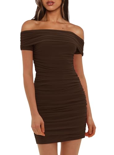 Darong Women's Sexy Elegant Off The Shoulder Mesh Short Sleeve Ruched Bodycon Cocktail Party Mini Dresses2
