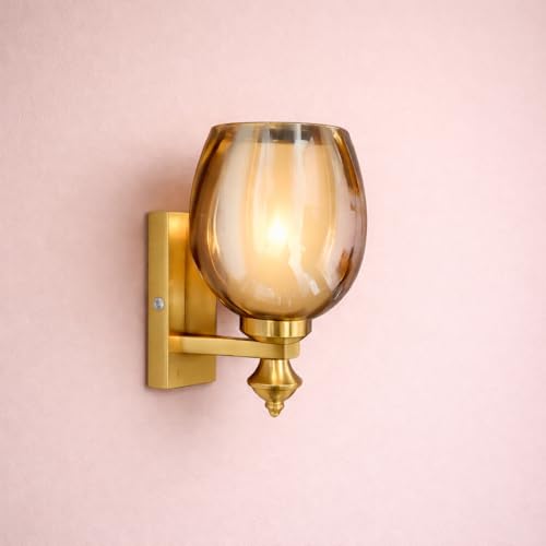 Image of Premium Gold Finish Elegant Amber Glass Shade Wall Light for Bedroom, Living Room, Restaurants, Dining, Coffee Shop, Home and Office Decorative Wall Sconce Light Fixture (Without Bulb)