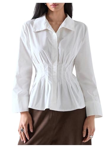 MakeMeChic Women's Pleated Button Down Shirt Collared Business Casual Blouse