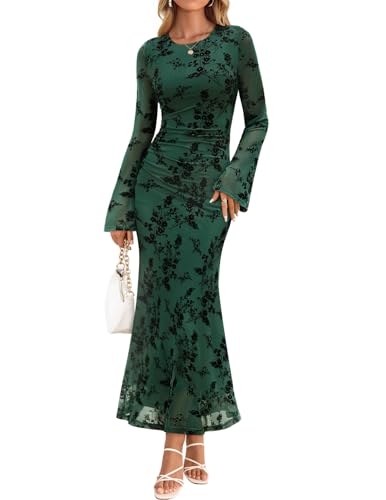 ZESICA Women's Long Sleeve Floral Bodycon Dress 2026 Fall Fashion Ruched Mesh...