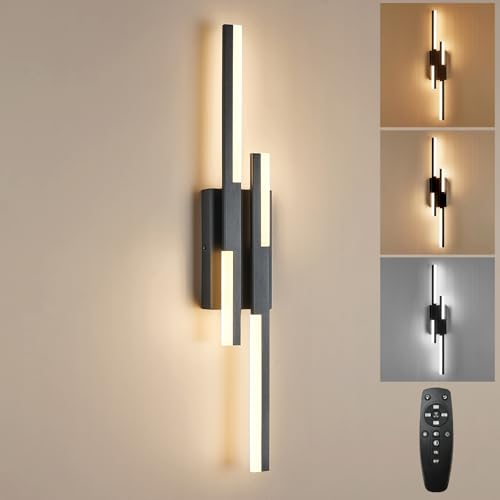 Image of Benkut Modern LED Wall Sconce Black Remote Wall Light Fixtures for Bathroom, Dimmable Vanity Light Indoor LED Remote Wall Sconce for Bedside Bedroom Living Dining Room (27.6inch 3000-6500K 1 Pack)