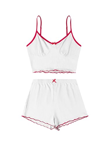 Image of Hilinker Womens Graphic Print Ribbed PJ Set Crop Cami Tops and Shorts Cute Pajamas Set