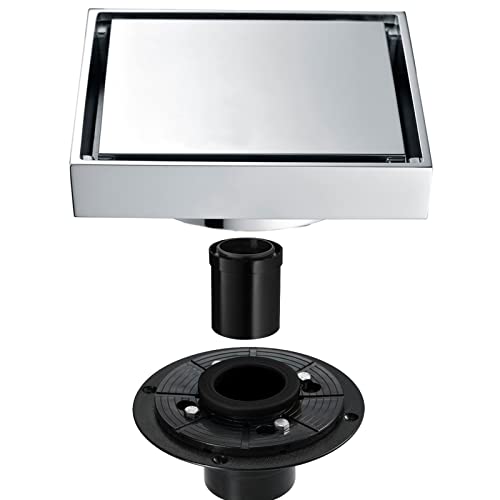 4-Zoll-Quadrat-Duschbodenablauf, Duschablauf mit 2-in-1-Flach- und Flieseneinsatzabdeckung, Messing-Bodenablauf mit geradem PVC-Rohr und Flansch, inklusive Haarsieb, gebürstet (Far