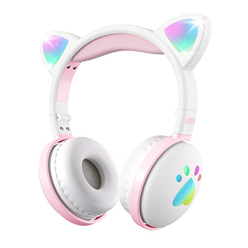 Kids Bluetooth Wireless Headphones,Aresrora Cat Ear Headphones with 7 Colors LED Light, Foldable, Built-in Microphone and Volume Control forKids/Teen/Boys/Girls/Birthday Gifts (White)