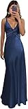 Dymaisei V Neck Ruched Prom Dresses with Slit Pleated Homecoming Dress for Teens Navy Blue Satin Evening Gown with Bow Back US6
