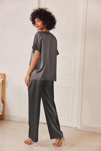 Image of Ekouaer Mens Satin Pajamas Set Button-Down Short /Long Sleeve Shirt Top Soft Silk Sleepwear Loose Pocket Pant Loungewear