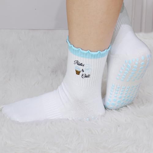 Image of Pilates Grip Yoga Socks For Women Barre Socks Cute Athletic Non Slip Sock | Soft cotton, breathable Non-slip grip sole Ruffle embroidery design For pilates barre yoga Cute women's gift