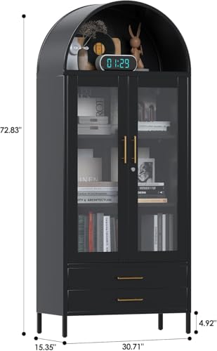 Image of 73''H Metal Arch Kitchen Pantry Cabinets, Arched Display Cabinet with Glass Doors&Drawers for Home Living Room, Assemble Required, Black