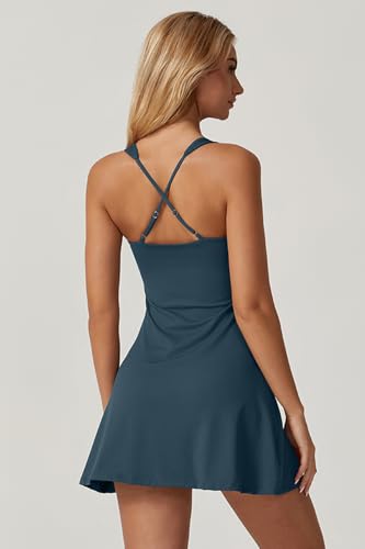 Image of QINSEN Womens Square Neck Tennis Dress Sleeveless Built in Shorts Golf Athletic Dress with Pockets
