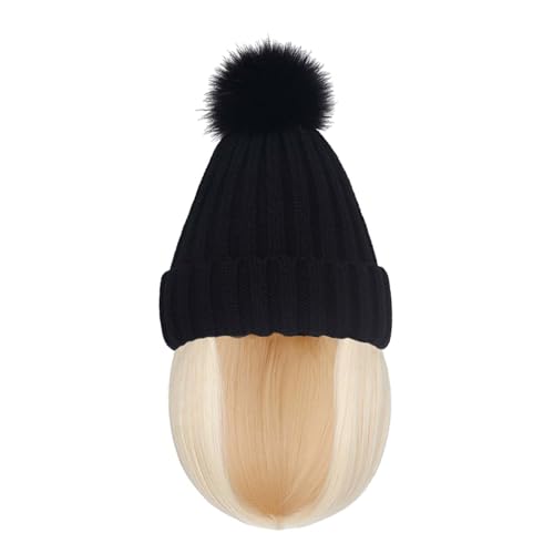 WUODHTW Women Caps with Hair Knit Beanie Cap with Extensions Short Straight Hairstyle Hat Wigs Winter knitted hat bob wig