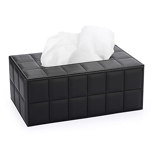Image of Sumnacon Rectangular Leather Tissue Box Cover - Stylish Tissue Box Holder with Magnetic Bottom, Decorative PU Tissue Box for Vanity Dresser Night Stand Table Countertop Home Office Car,Grid Black